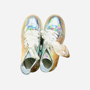 YRU silver holographic boots with sheer white ribbon laces ⭐️